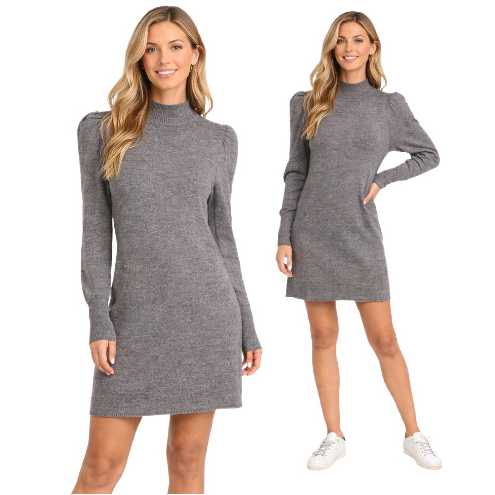 Lola Sweater Dress by WAYF in grey. Mock neck puffed sleeve knit mini dress 🍂